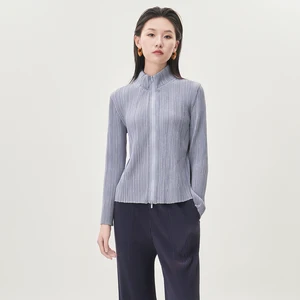 Fast Shipping Autumn Women's Fashion Tops Design Sense Cardigan Jacket Elastic Zipper Solid Color T-shirt Miyake Pleated Shirt