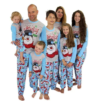 Parent Child Two Piece Long-Sleeved Trousers Cotton Christmas Pajamas Sets Snowman Print T-Shirt Pants Family Matching