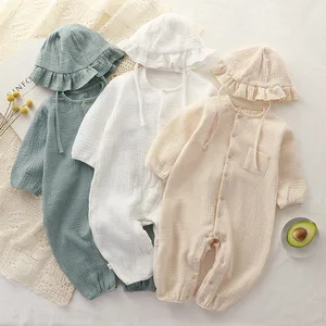 Muslin Baby Clothes Newborn Cotton Long Solid Gauze Jumpsuit Button Closure Pajamas Baby Romper