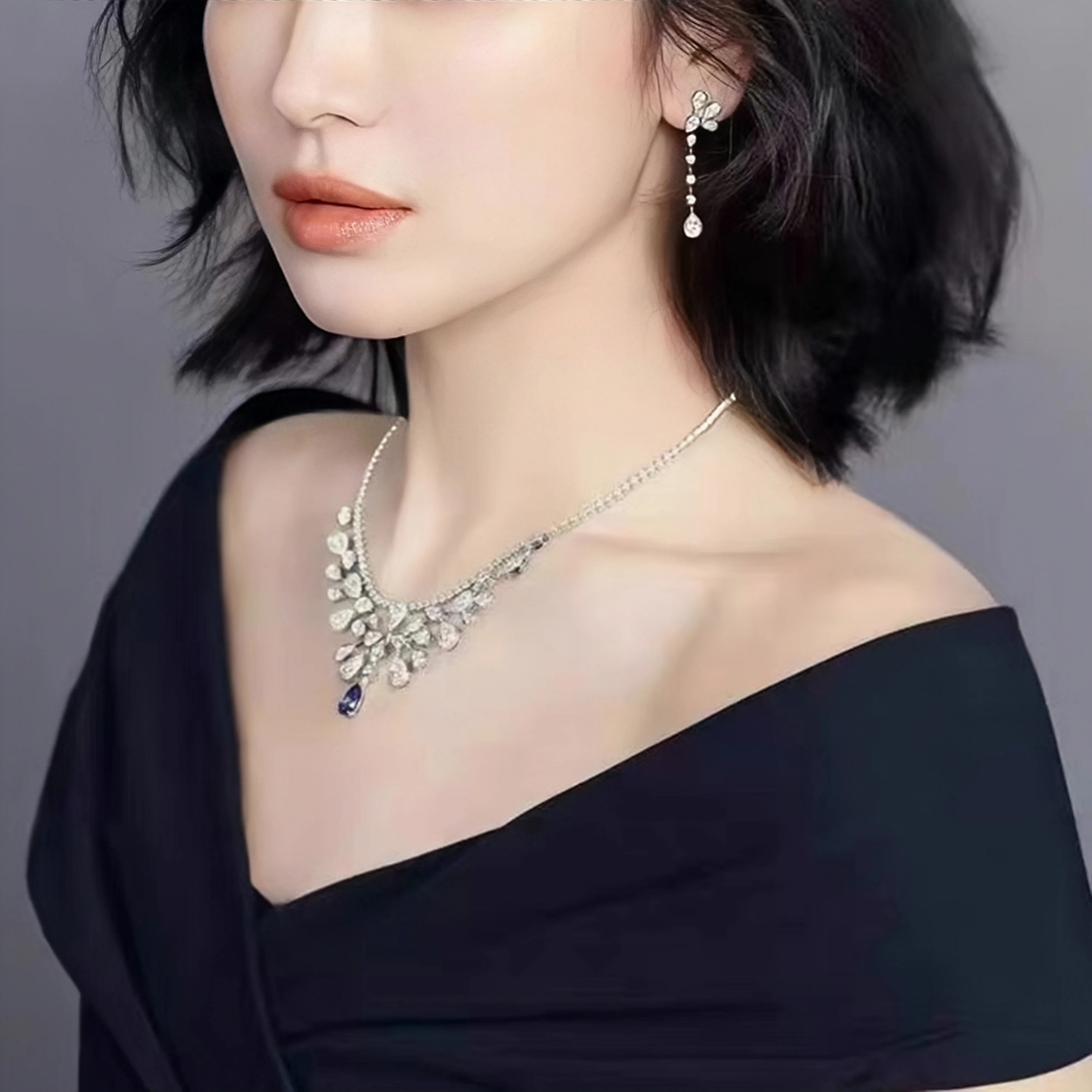 MUSHAN Jewelry Factory 925 Silver Necklaces Party Jewelry High Carbon Diamond and Water Drop Synthetic Sapphire Pendant Necklace