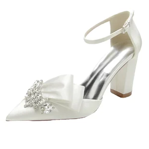 Adjustable Strap High Heeled Dress Shoes for Women Closed-Toe Rhinestone Bow Pumps PU Insole Breathable Summer Wedding Bride
