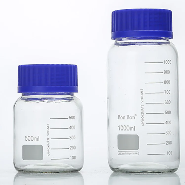 Factory Wide Mouth 1 Liter Lab Glass Reagent Bottle 1000ml Borosilicate Media Storage Jar With Blue Screw Cap