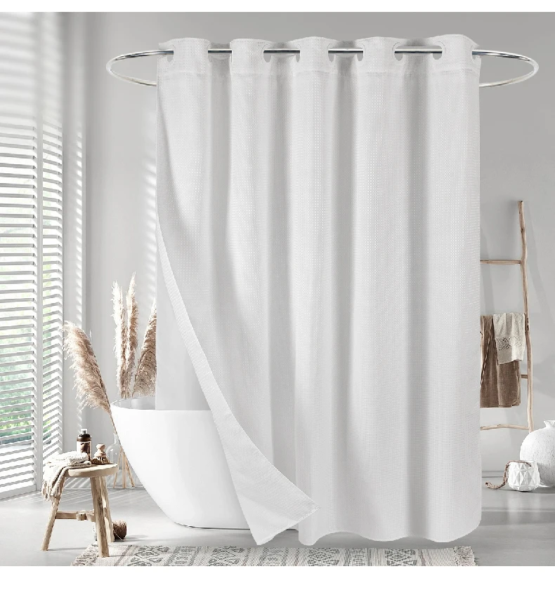 Modern Luxury No Hook Needed Bath Curtains White Waffle Weave