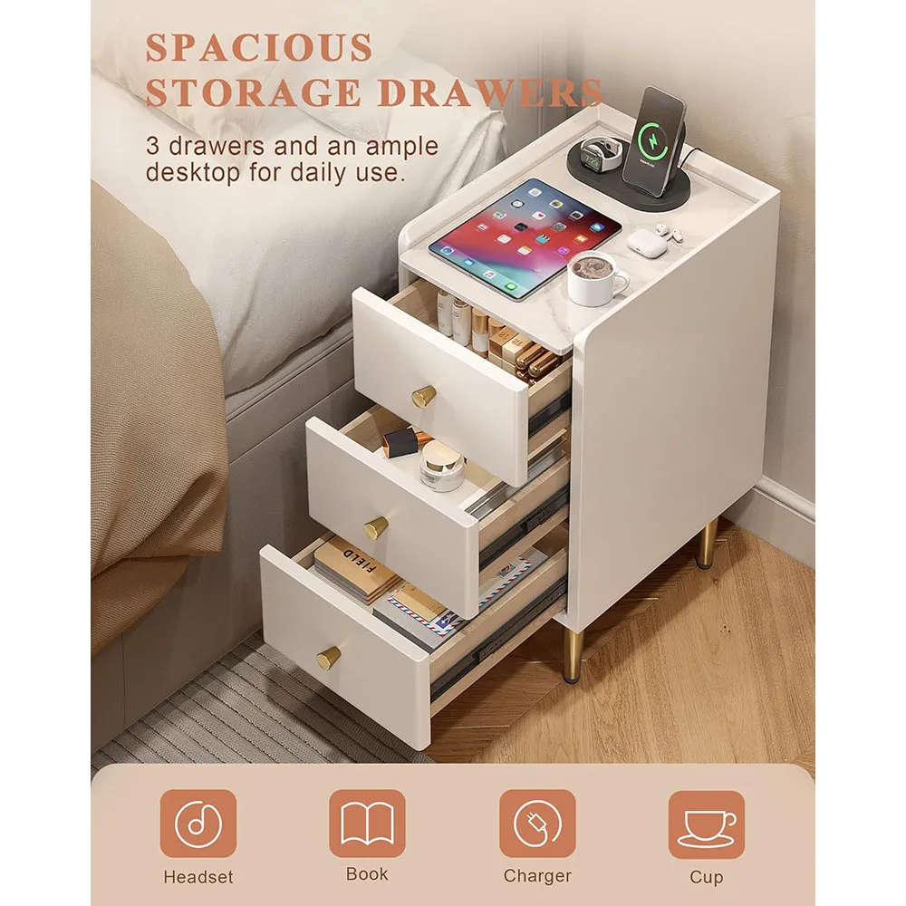 Modern Minimalist 3-Drawer Narrow Nightstand Small White Gold Bedside Table for Small Spaces for Bedroom Furniture factory