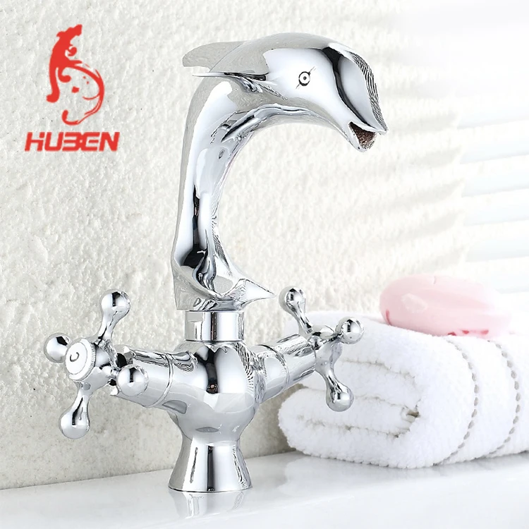 Chrome Brass Double Handles Dolphin Shape Bathroom Sink Basin Faucets Mixer Taps 