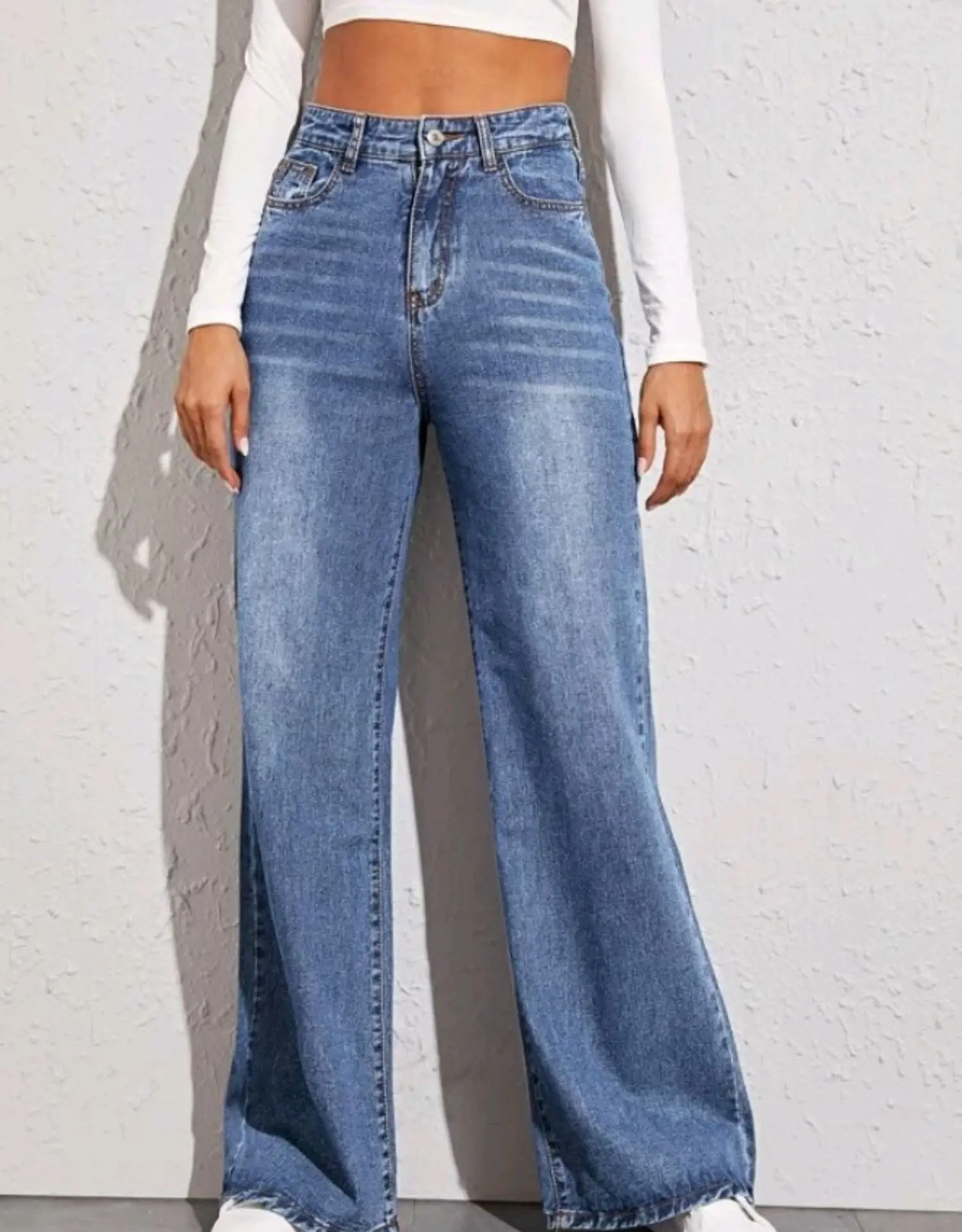 Wholesale New Design Wide Leg Casual Loose Jeans Full Length Straight Boyfriend Jeans for Women Zipper Fly details