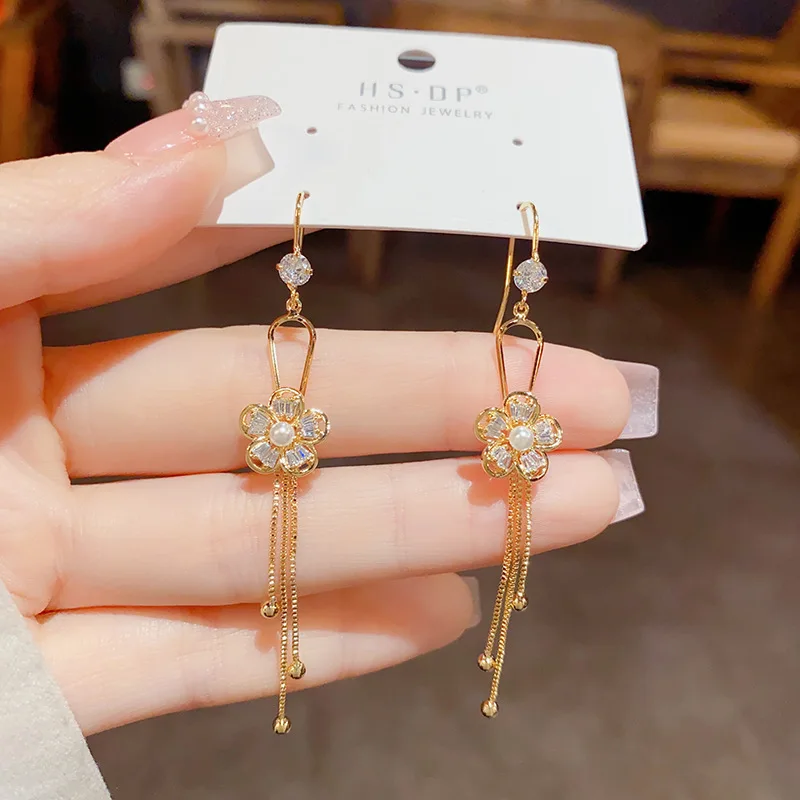 Light Luxury Real Gold Plated Hook Earrings Long Tassel Silver Earrings  Rhinestone Crystal Flower Earrings for Women Girls