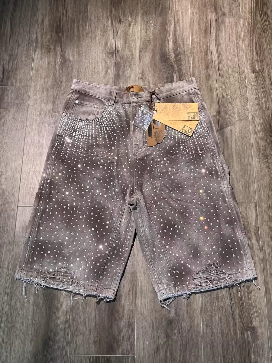 Custom High Quality Cotton Half-knee Baggy Straight Leg Vintage Distressed All Over Rhinestone Denim Jeans Shorts Jorts for Men gallery 8