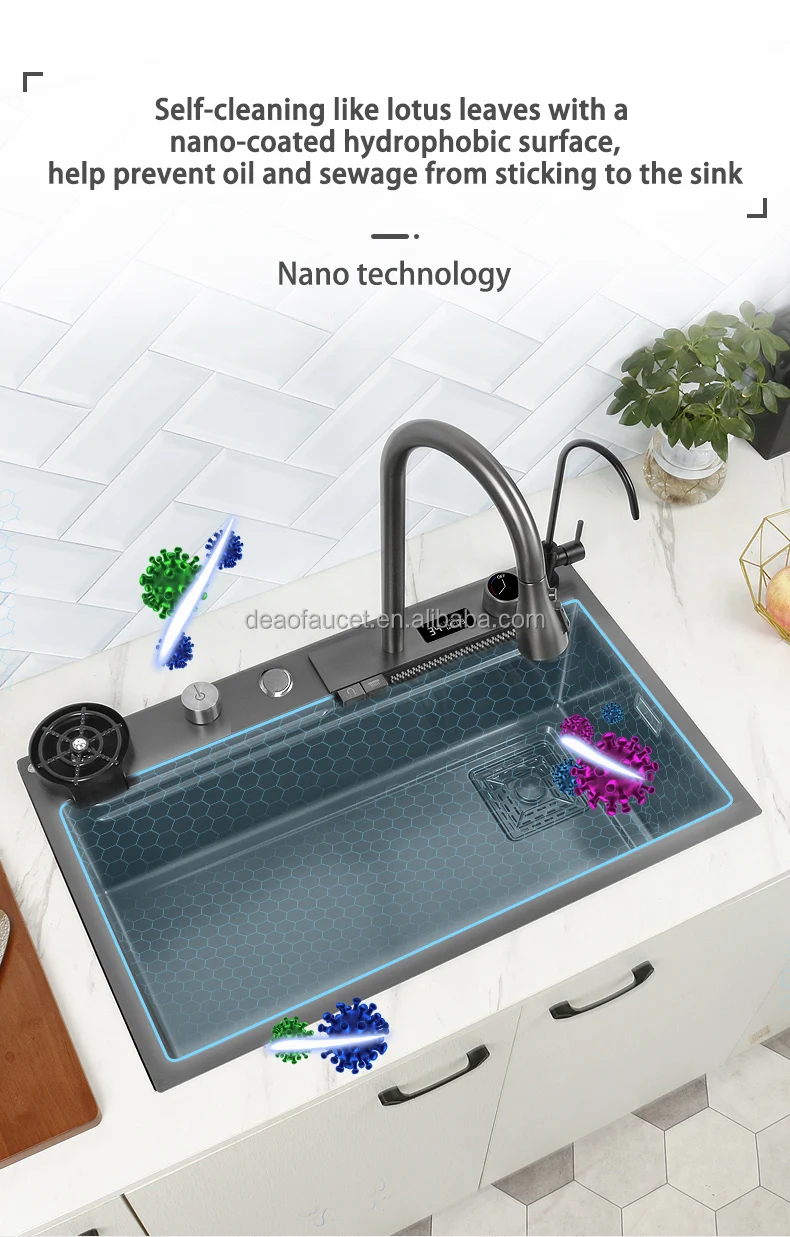 Deao Digital Display Stainless Steel Pull Out Waterfall Faucet Nano