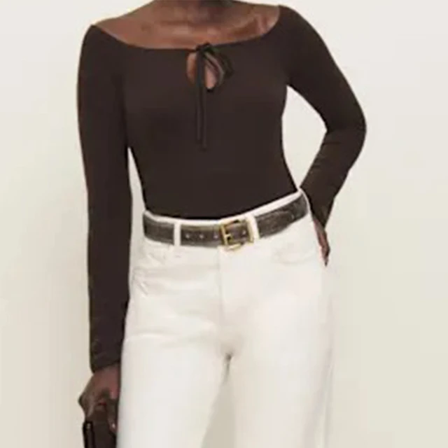 High Quality Women's T-Shirt Black Long Sleeve Stretchy Ribbed Fabric Chic Versatile Style for Casual Outings Office Days