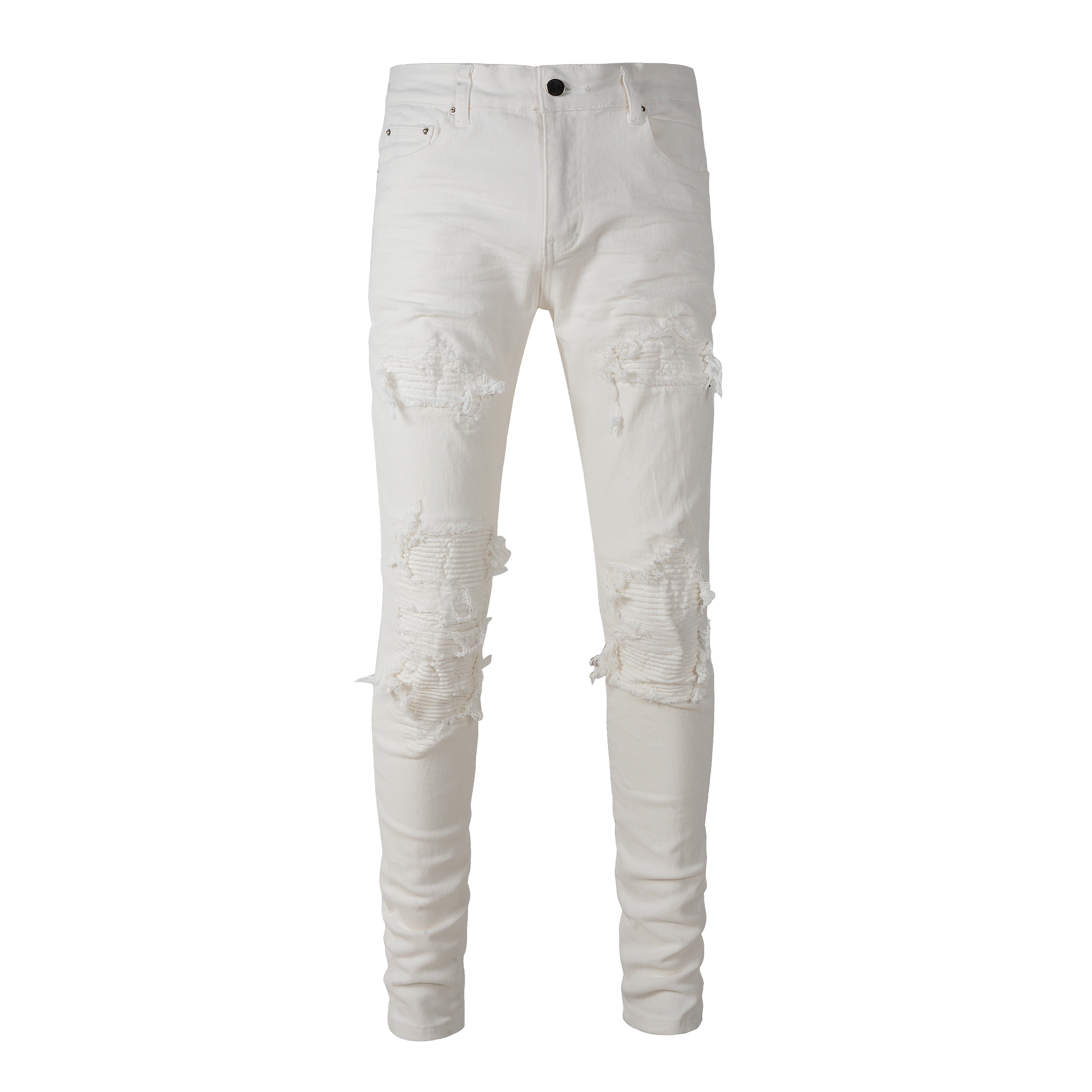Wholesale Black Blue White Pants Patch Ripped Distressed Damage Slim Fit  Trousers Designer Stacked Denim Jeans for Men