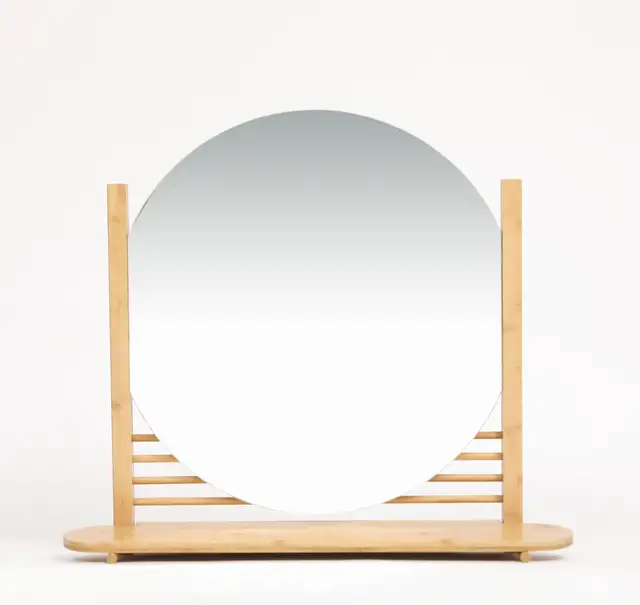 Wall mirror with shelf natural bamboo round shape bamboo makeup mirror