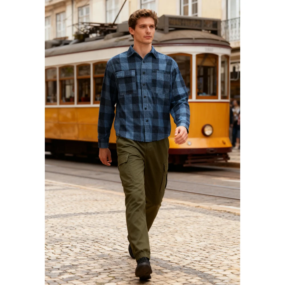 Hot Sales Polyester Cotton Men's Long Sleeve Blouse Square Grid Casual Shirt