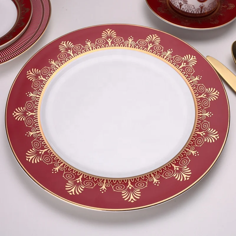 Luxury Wholesale Ceramic Dinnerware Set Gold Rim Bone China Plates with  Blue and Red Design for Wedding Dinner