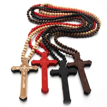 Colorful Wooden Ankh Cross Pendant Necklace Jewelry For Gift Christian Cross Wood Beads Rosary Necklace Religious Prayer