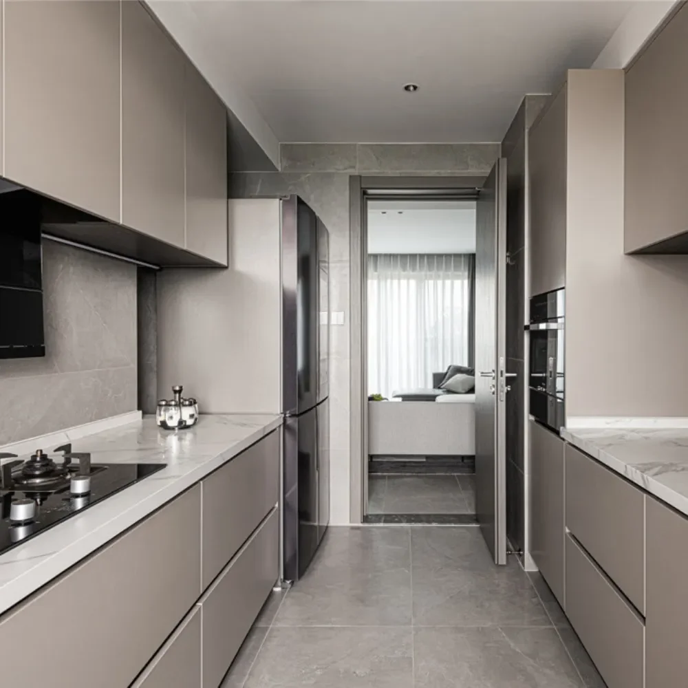 Universal Style Stone Look Countertop Warm Color Solid Wood Design High Quality Kitchen Cabinet