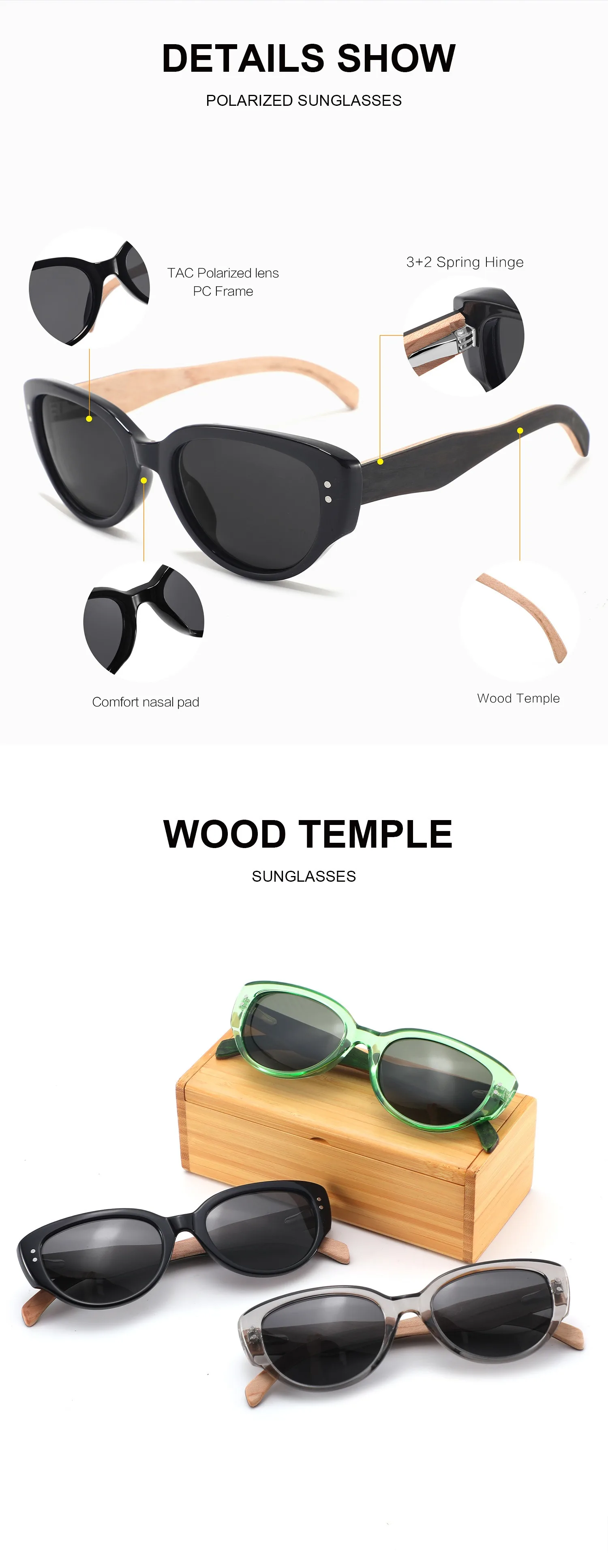 Polarized Bamboo Cat Eye Sunglasses with Spring Hinges BAMBOO SUNGLASSES | ASSTD. 12 PCS | BAM01 - Shark Eyes, Inc  main image 2