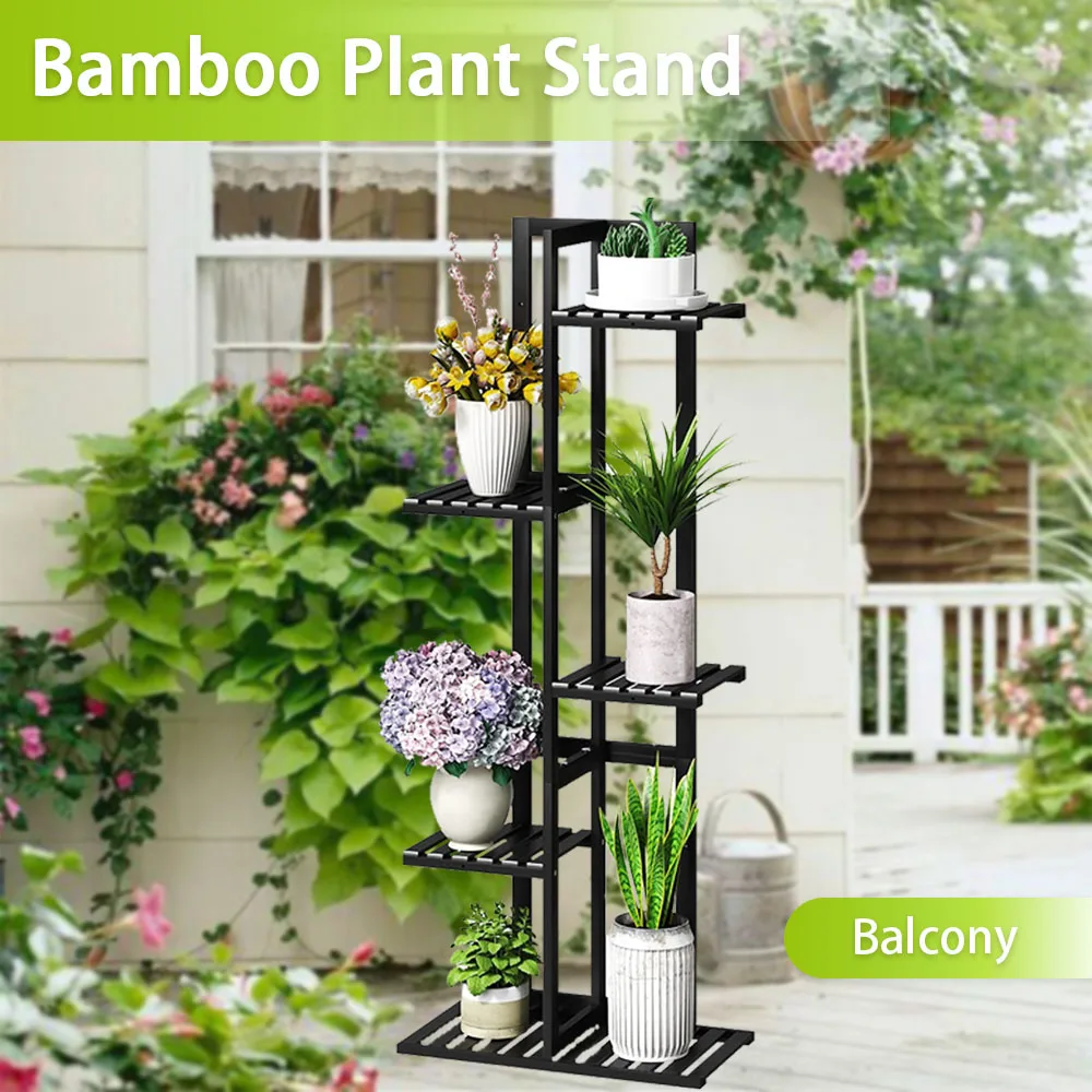 product 5 tier bamboo shelf organizer 6 potted black high flower plant stand for indoor or outdoor bathroom corner decoration display-10
