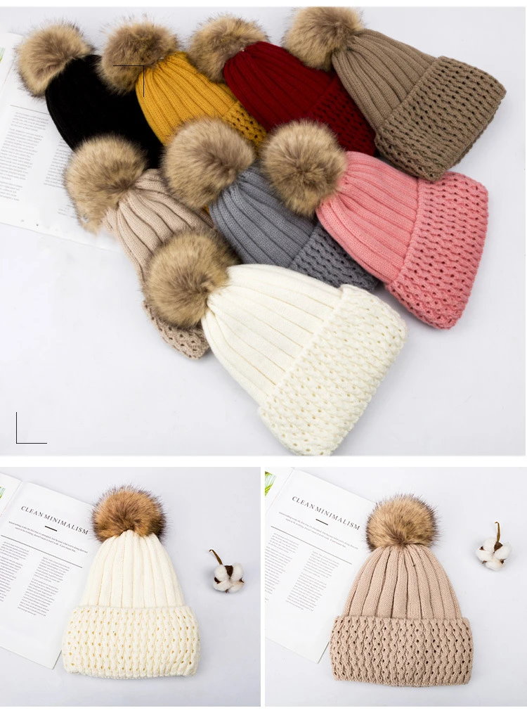 Custom Logo High Quality Acrylic Warm Winter Hats Caps with Thickened Fleece Lining Skullies Pom Pom Knitted Beanie Hat