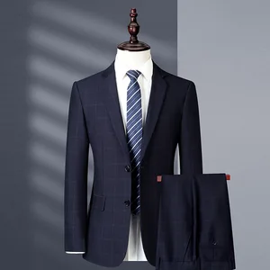 Men's Exquisite Blue Plaid Two-Piece Suit Professional Senior Formal for Weddings Business Breathable Comfortable Groom Suits