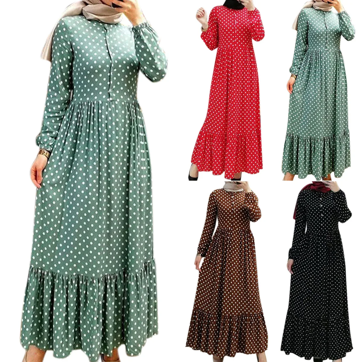 Kaftan Ukuran Besar Polka Dot Abaya Dubai Hijab Muslim Dress Kaftan  Marocain Turki Gaun Jilbab Wanita Pakaian Islam