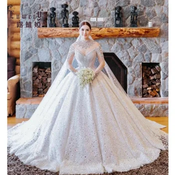 Luweiya Plus Size Ball Gown Wedding Dresses Patterns Appliqued Robe De Mariage Big Tail Muslim Wedding Dress Ball Gowns