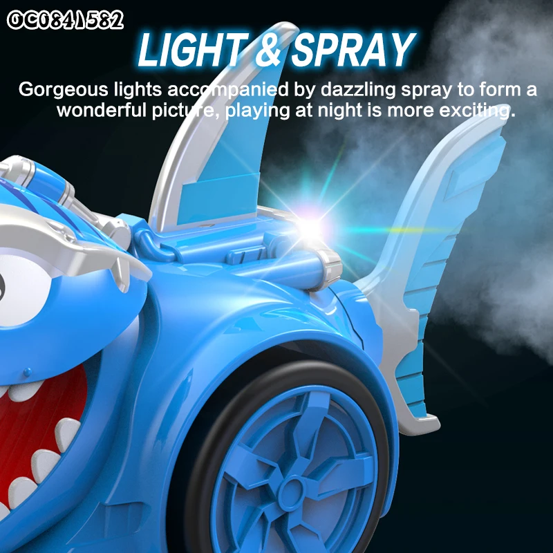 Kids 5CH Rotation Mist Spray Remote Control Shark Smoking Rc Car Toy With Light