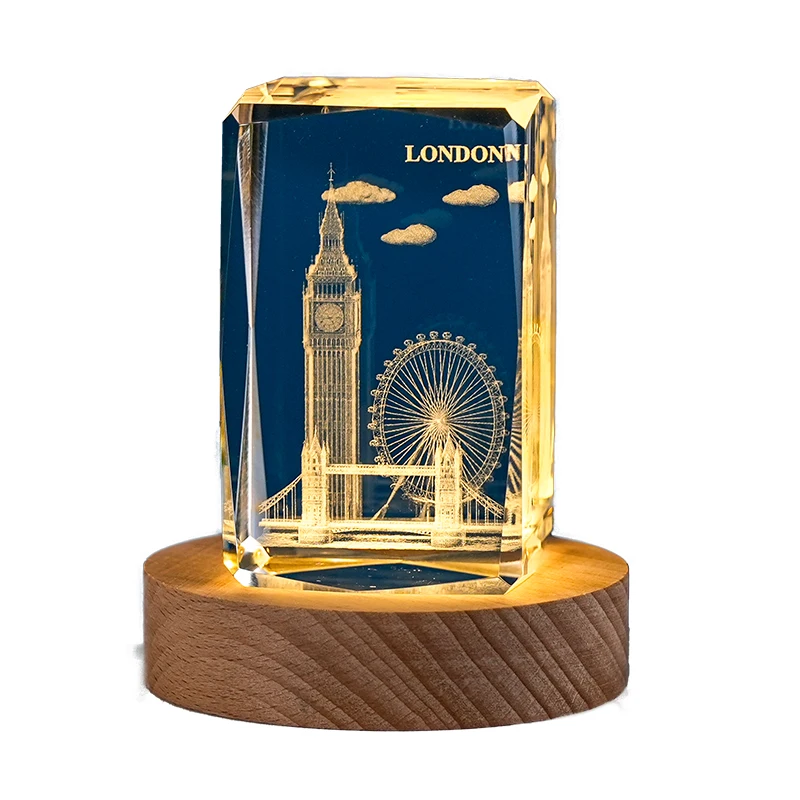 Venta caliente personalizada edificio famoso Londres ciudad LED base soporte 3D grabado láser K9 artesanías de cristal para recuerdo