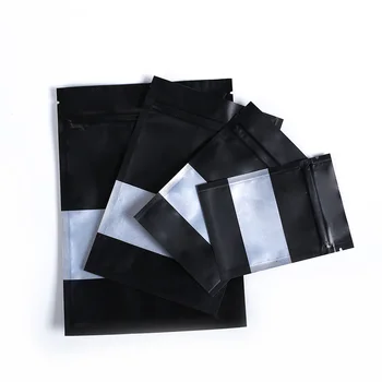 100pcs/Pack Three Side Seal Zipper Bag Matte Black Empty Aluminium Mylar Flat Bottom Zip Lock Bag with Clear Window