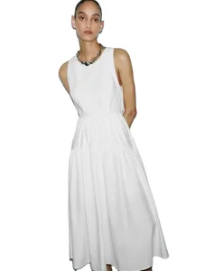 Summer New Arrival Women's French-style Hollow-out Back Tied Sleeveless Woven Eco-friendly Midi Dress Elegant Lady Flowy