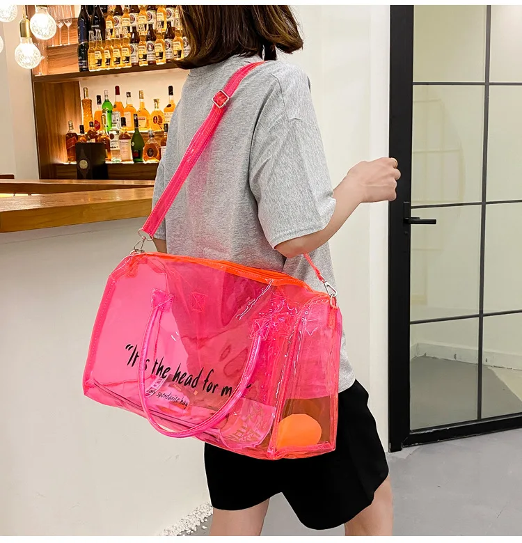  Clear Gym Bag for Women,Spend Night Bag Clear PVC Tote Bag  Large Sports Duffel Bag Bright Candy Color Jelly Bag with Durable Metal  Zipper for Gym, School, Travel, Beach Blue