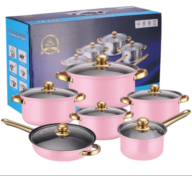 Hot Sale 12pcs Stainless Steel Cookware Set with Golden Handles Belly Pot  Frying Pan Soup Pot Set with Capsuled Bottom