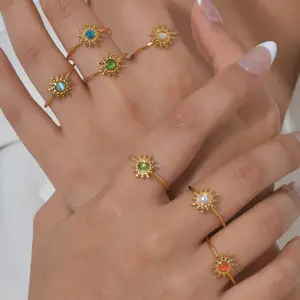 Vintage Sun Shape Natural Stone Gemstone Gold Green Aventurine Rings Stainless Steel Cat's Eye Adjustable Opening Finger Ring