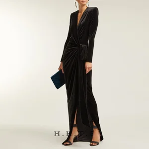 High End Modest Velvet Deep V Neck Elegant Evening Gown Dresses Party Women Long Dress Asymmetrical Evening Dress