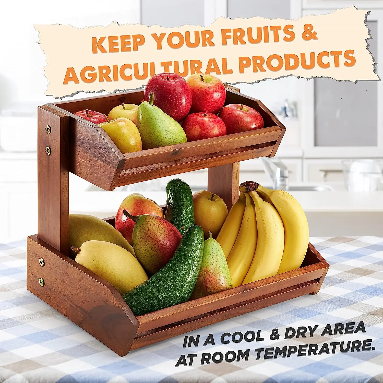 2-Tier Wooden Fruit Basket Large Capacity Countertop Fruit Stand Eco-Friendly Detachable Vegetable Storage Organizer for Kitchen