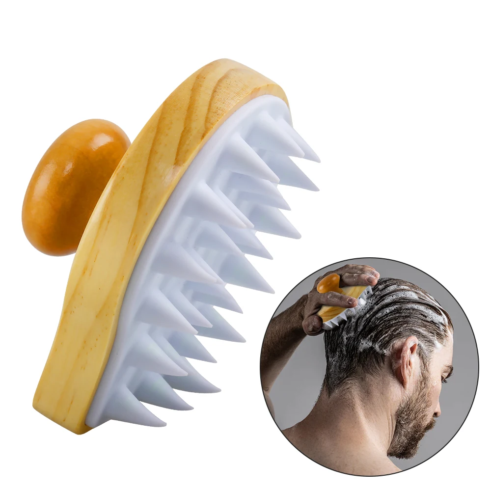 Custom Logo Eco Friendly Wood Silicon Hair Scalp Massager Head Scrubber