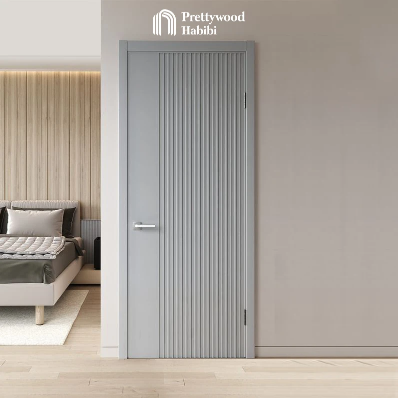 Prettywood Residential Modern vertical Slats Design MDF Grey Painting Solid Wooden Bedroom Interior Door For Houses supplier