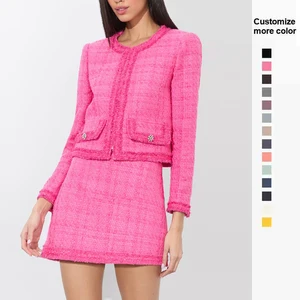 Clothing Manufacturers Custom Designer Women's Winter Fashionable Tweed Collarless Long Sleeve Crop Tweed Jacket