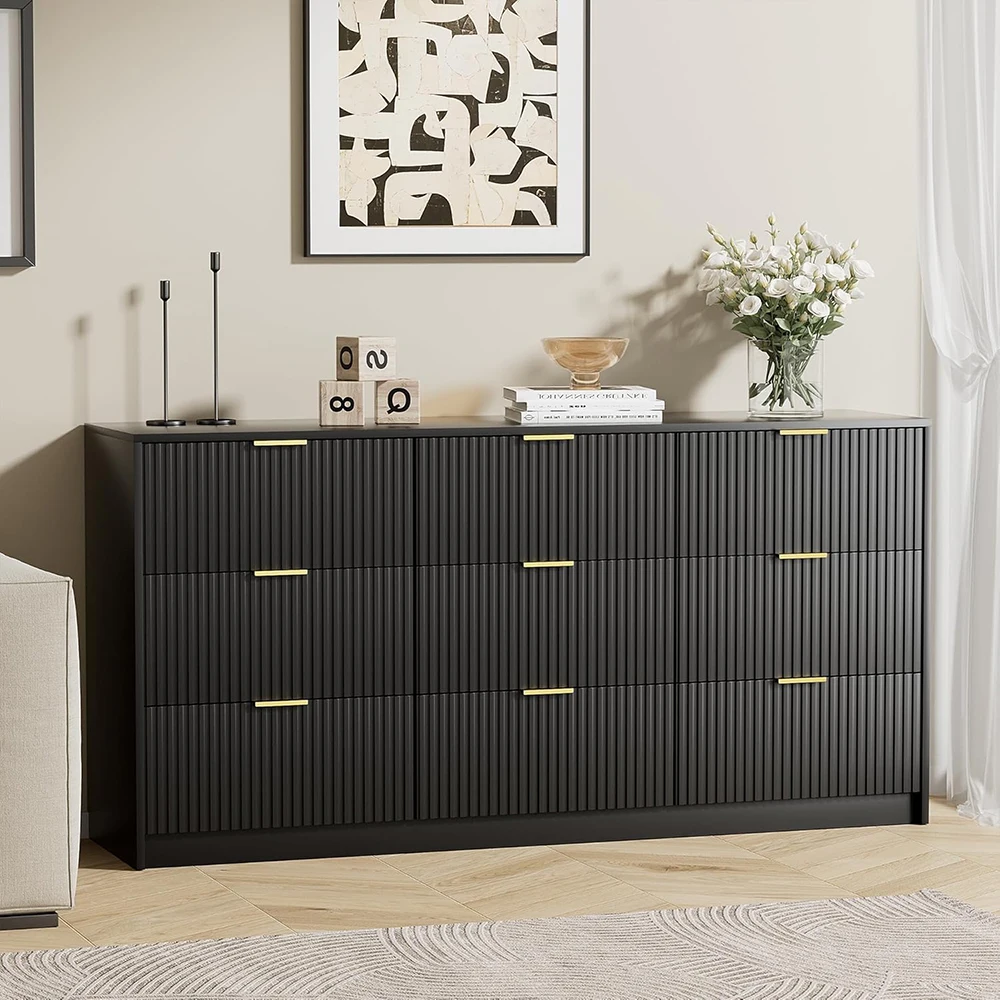 product black wood modern dresser 9 drawers smooth slides wide chest golden handles bedroom living room closet-1