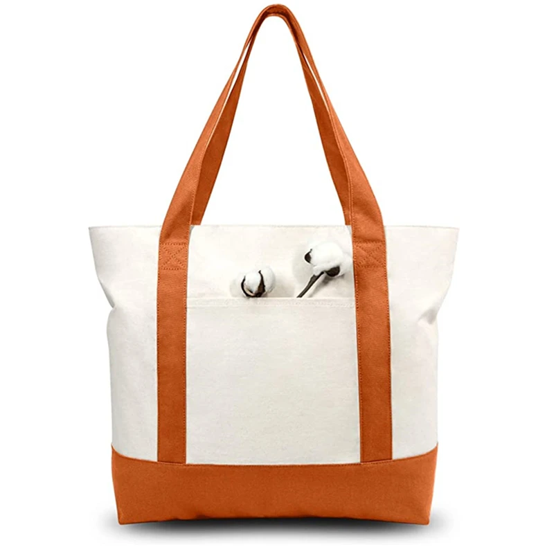 Custom with Logo Printing Blank Plain Pocket and Zipper Shoulder Handle Extra Large Shopping Cotton Canvas Tote Bags