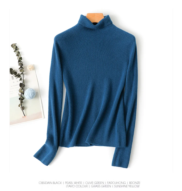 P18B146TR cashmere suit plain knitted turtleneck loose lazy elegant lady pullover sweater set cashmere sweater manufacturer