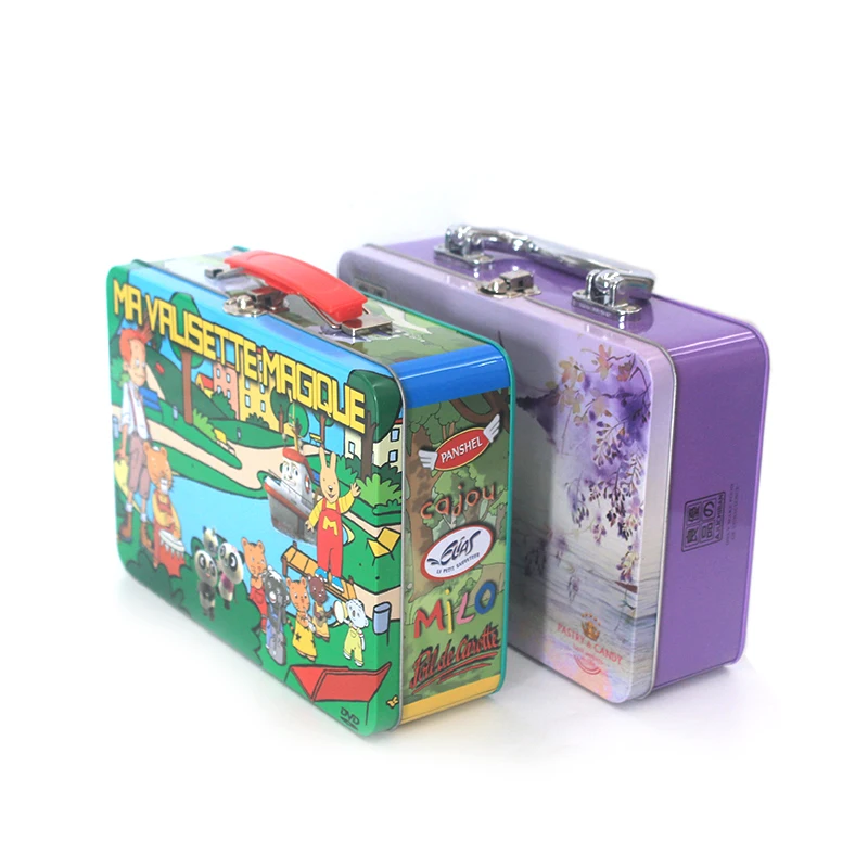 Small Rectangular Hinged Lid Metal Stationery Cosmetics Tin case Beautiful  Lunch Tin Box With Handle for Children