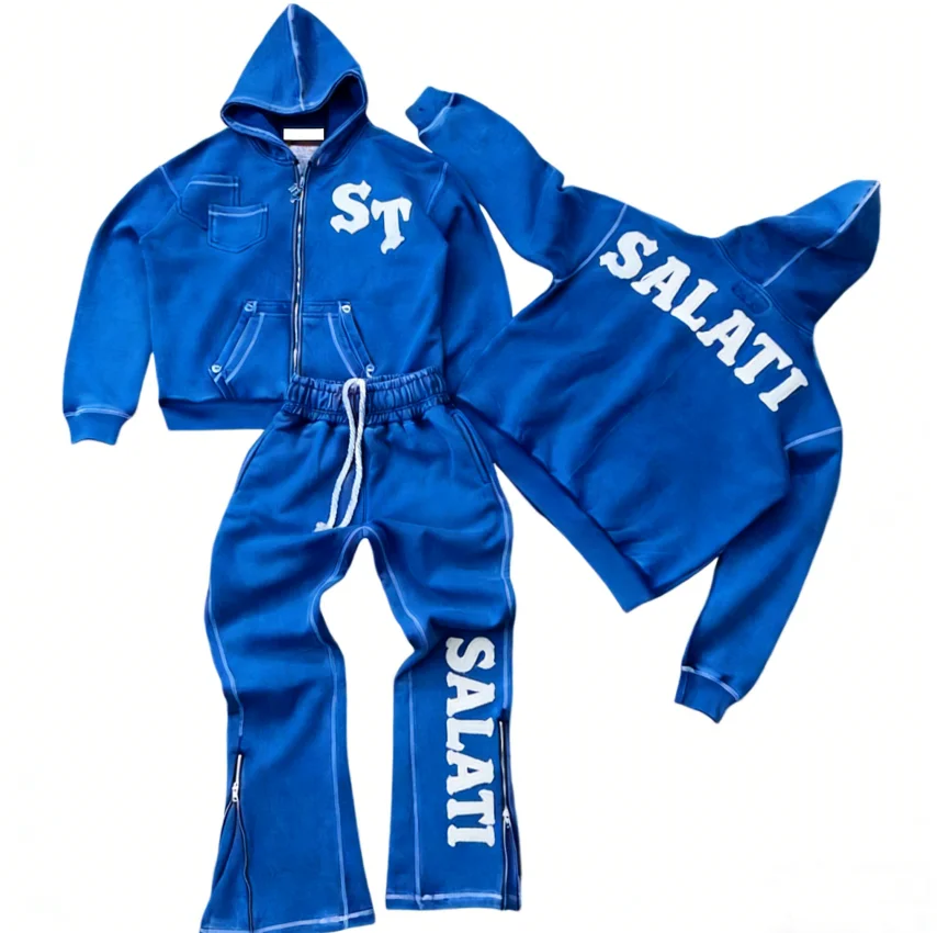 SALATI OEM Acid Wash Vintage Applique Letter Tracksuit Men Streetwear Distressed Patchwork Hoodie and Sweatpants Set Sweatsuit