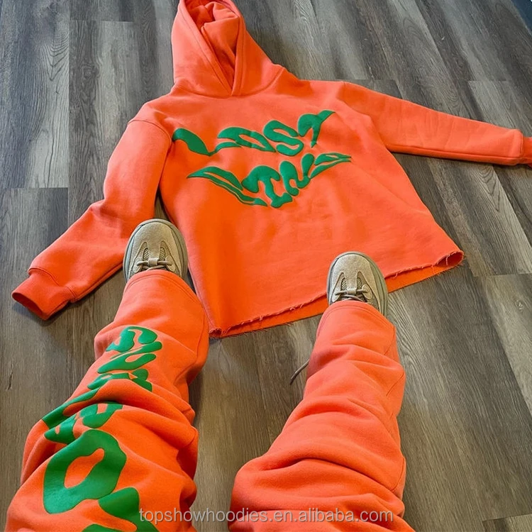 Oem Custom Puff Printing Raw Hem Edge Stacked Flared Cotton Hoodie And