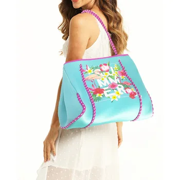 Large Watercolor Coral Neoprene Travel Vacation Multipurpose Summer Yoga Sports Beach Bag tote handbag For Women Shopping