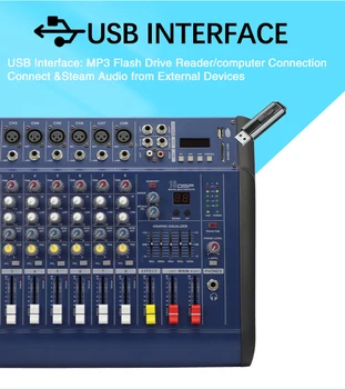 Professional 8 Channel USB/BT Audio Mixer for DJ Concerts & Stage