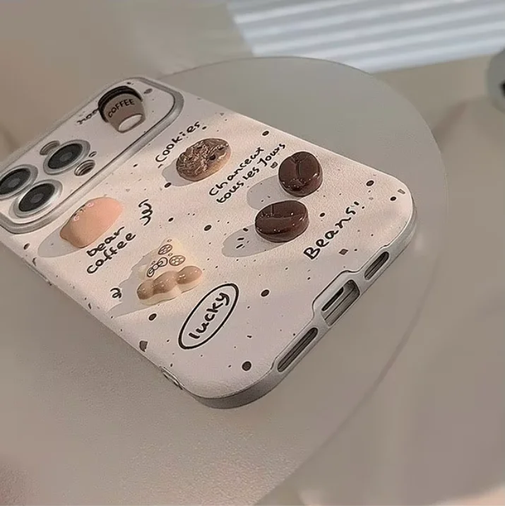 Splash-ink 3D Coffee Bear Handmade  Phone Cover Electroplated Frame Big Window Cell Phone Case for Iphone 16 15 14 13 12