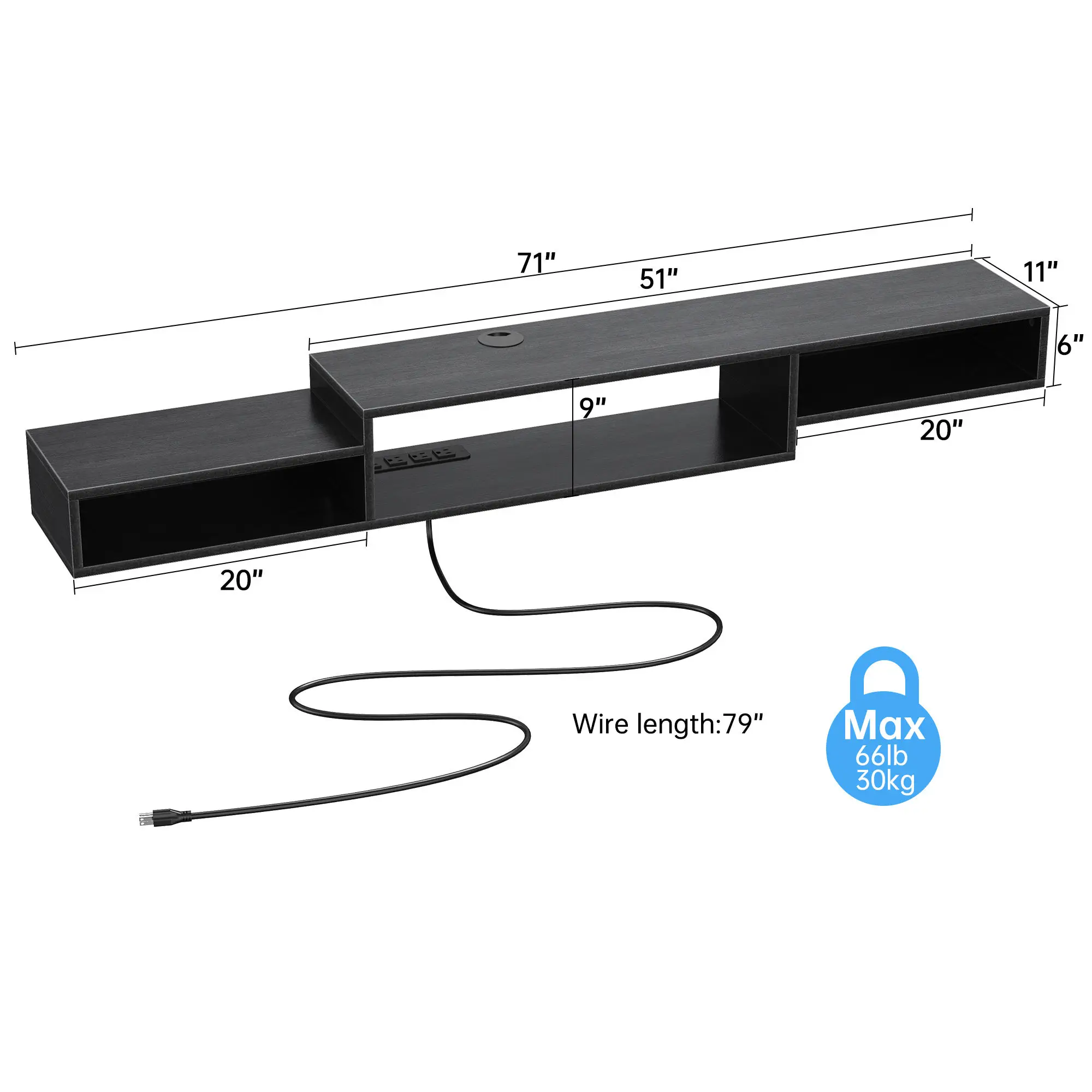 Floating TV Stand with Power Outlet Wall Mounted Media Console Cabinet Shelf Under TV for Cable Box Audio Video