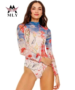 MLY One Piece Print Mature Long Sleeve Bikini for Plus Size Women Push-Up Bra and High Cut Bottom Women Beachwear for Fat Women