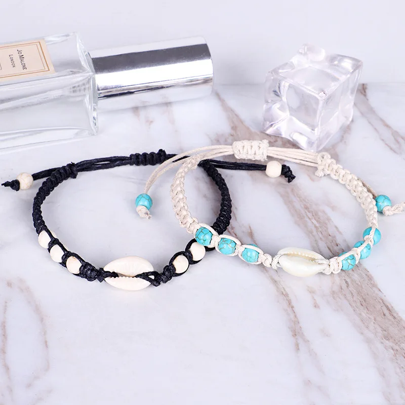 Bohemia Style Natural Sea Beach Shells Stone Woven Beads Handmade Yoga Adjustable Black White Couple Bracelets Jewelry